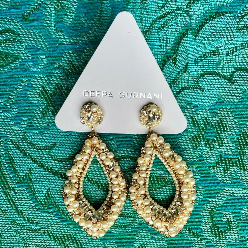 Deepa Gurnani Pearl & Rhinestone Statement Chandelier Earrings Ivory NWT - Picture 6 of 14
